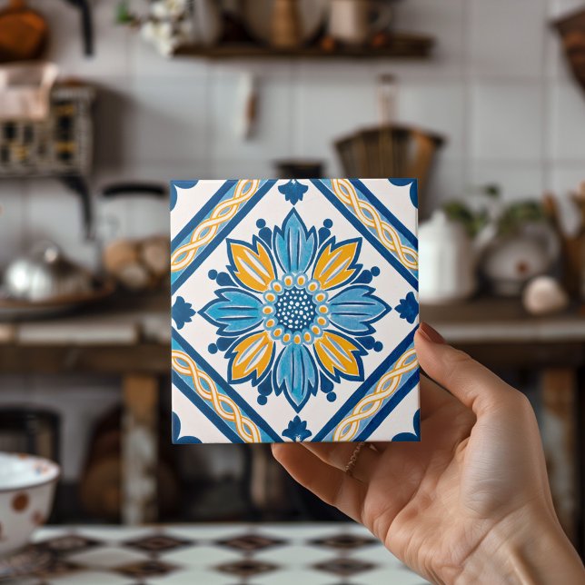 Blue Yellow Azulejo Mediterranean Floral Home Deco Tile (Blue Yellow Azulejo Mediterranean Floral Home Deco Ceramic Tile)