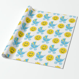 BLUE & YELLOW BABY CARRIAGE & YELLOW SUN WRAPPING PAPER