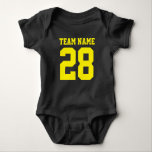 Blue Yellow Baby Football Jersey Sports Romper Bodysuit<br><div class="desc">Cute football jersey bodysuit for baby. Mum and dad love sports. It's only natural the baby should too. Cute baby bodysuit in navy blue and yellow. You can customise the name and player number on the front and back of the jersey. Not just for football fans. Any type of sports...</div>