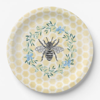Blue yellow baby shower decor bee honeycomb floral paper plate