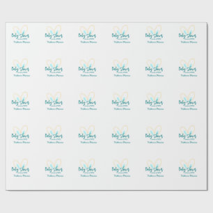 Blue yellow baby shower name date animal ear cute wrapping paper