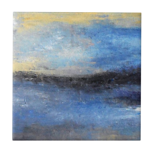 Blue Yellow Beach Abstract Ceramic Beach Tile (Front)