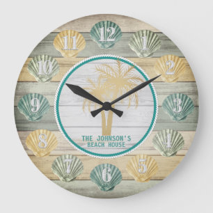 Blue & Yellow Beach Wood Seashells & Palm Trees Large Clock