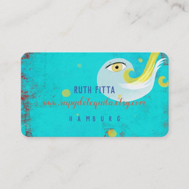 Blue yellow bird distressed handmade business card (Front)