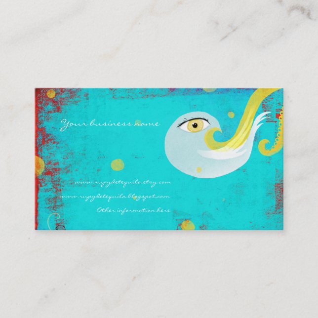 Blue yellow bird distressed handmade business card (Front)