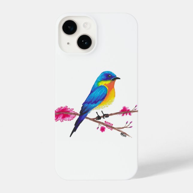Blue & Yellow Bird with Pink Blossoms drawing iPhone Case (Back)