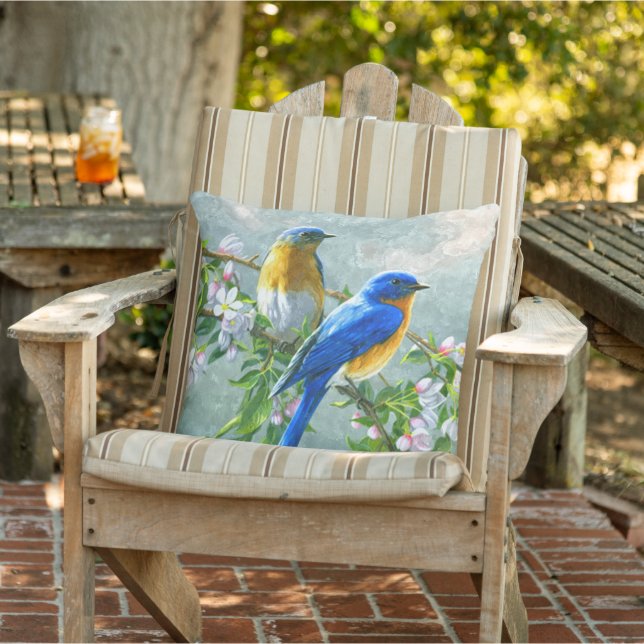 Blue Yellow Birds Cherry Blossom Tree Painting Cushion (Chair)