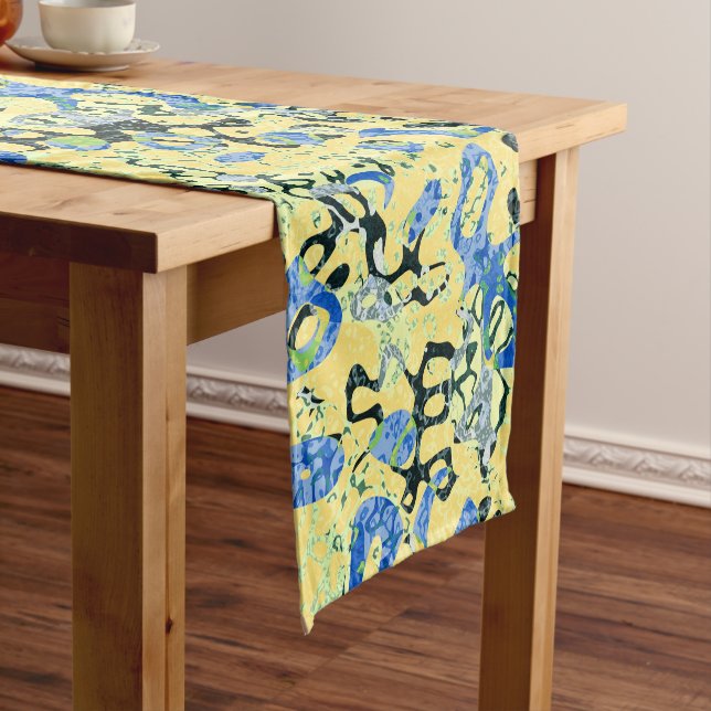 Blue Yellow Black Spotted Graphic Abstraction Short Table Runner (In Situ)