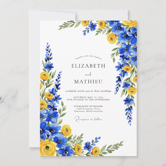 Blue Yellow Botanical Romance Wedding Invitation (Front)