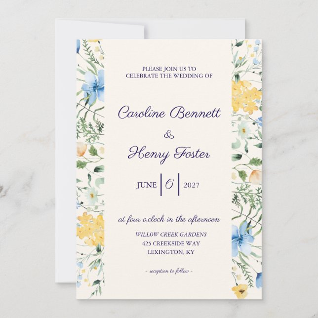 Blue & Yellow Botanical Wedding Invitation (Front)