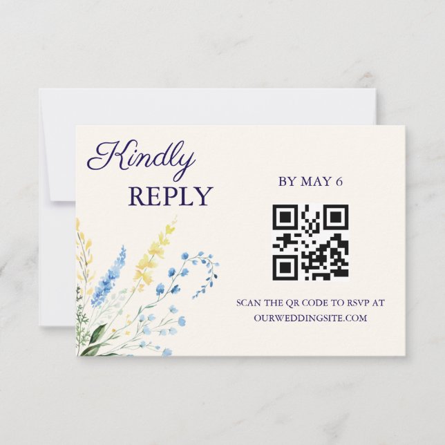 Blue & Yellow Botanical Wedding RSVP Card (Front)