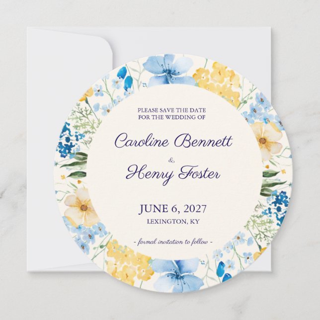 Blue & Yellow Botanical Wedding Save the Date (Front)