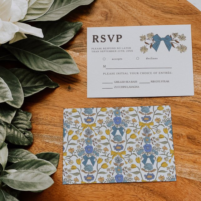 Blue Yellow Bow Floral Wedding RSVP Meal Choice  Card (Creator Uploaded)