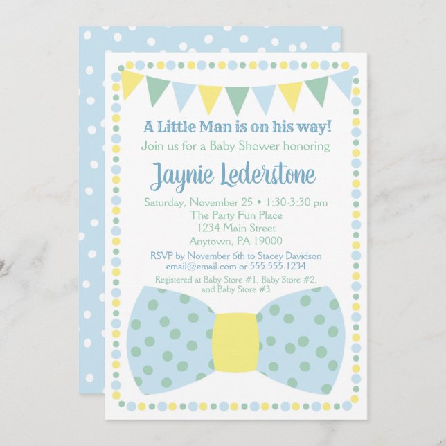 Blue Yellow Bow Tie Baby Shower Invitation (Front/Back)