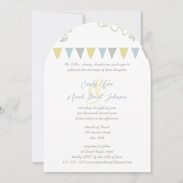 Blue & Yellow Bunting Pennant Wedding Invitations (Front)