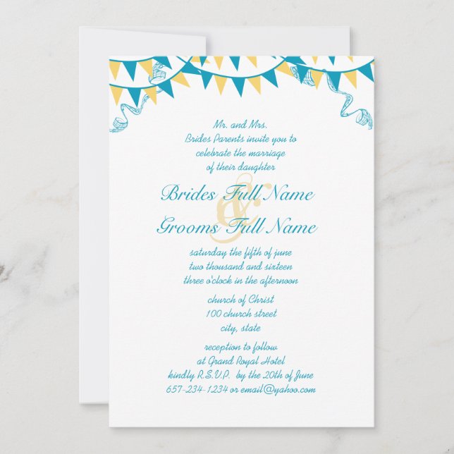 Blue & Yellow Bunting Pennant Wedding Invitations (Front)