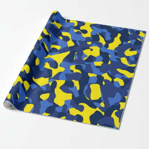 Blue Yellow Camouflage Print Pattern Wrapping Paper