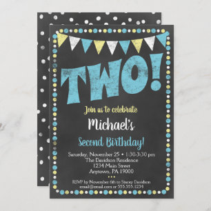 Blue Yellow Chalkboard 2nd Birthday Invitation Two