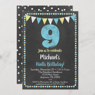 Blue Yellow Chalkboard 9th Birthday Invitation