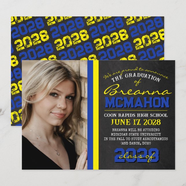 Blue & Yellow Chalkboard Graduation Announcement (Front/Back)