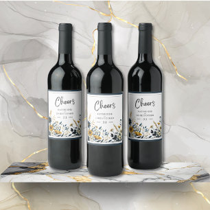 Blue Yellow Cheers Floral Wedding Wine Label