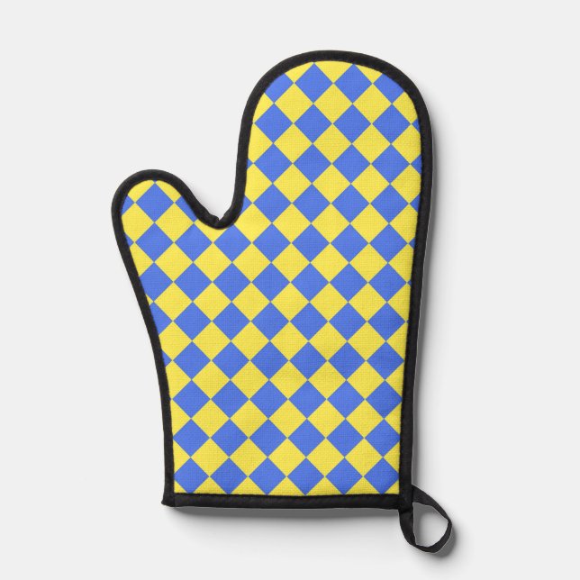 Blue Yellow Chequered Diamond Pattern Oven Mitt (Front)