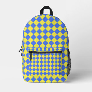 Blue Yellow Chequered Diamond Pattern Printed Backpack