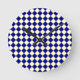 Blue Yellow Chequered Diamond Pattern Round Clock