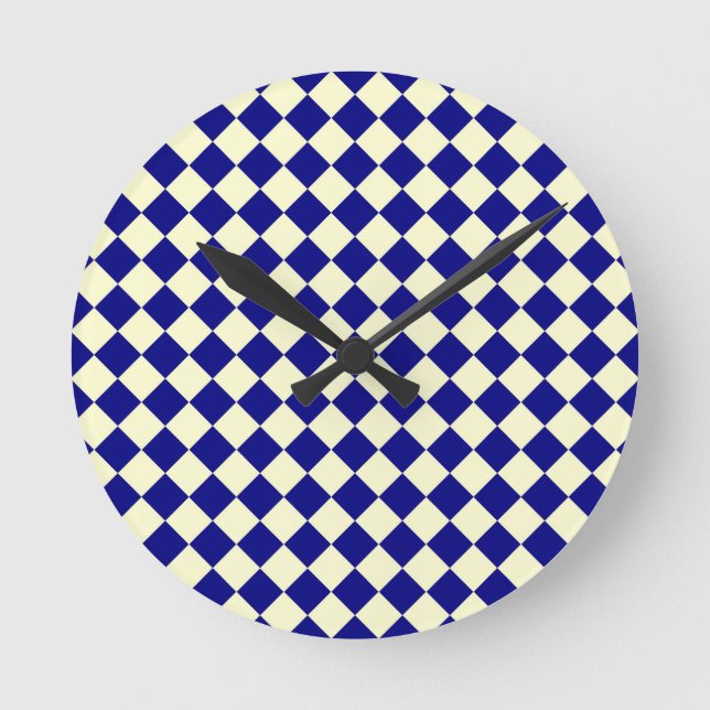 Blue Yellow Chequered Diamond Pattern Round Clock (Front)