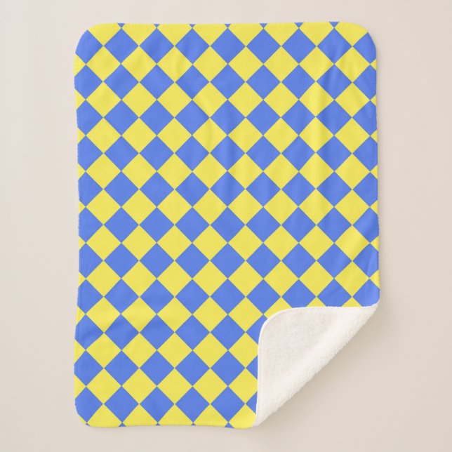 Blue Yellow Chequered Diamond Pattern  Sherpa Blanket (Front)