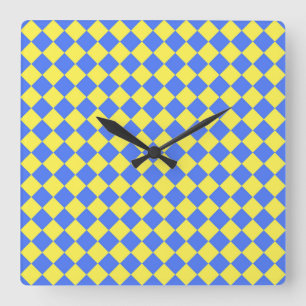 Blue Yellow Chequered Diamond Pattern Square Wall Clock