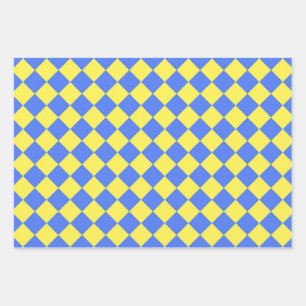 Blue Yellow Chequered Diamond Pattern Wrapping Paper Sheet