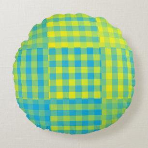 Blue Yellow Chequered Patchwork Pattern Round Cushion