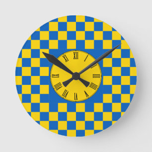 Blue & Yellow colour square / checked pattern Roun Round Clock