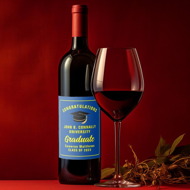 Blue Yellow Congratulations Graduation Party Wine Label (Creator Uploaded)