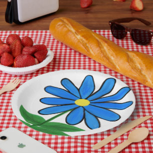 Blue Yellow Daisy Flower Paper Plate