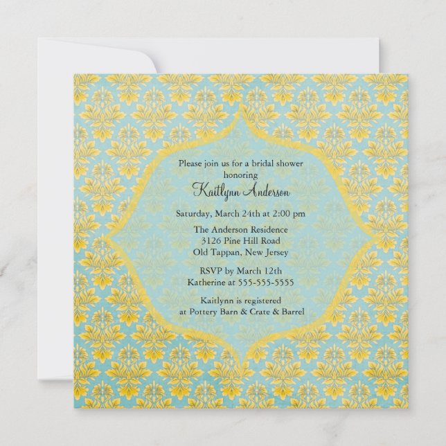 Blue & Yellow Damask Bridal Shower Invitation (Front)