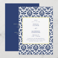 Blue & Yellow Damask Bridal Shower Invitation