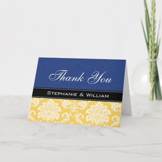 Blue Yellow Damask Wedding Thank You Cards (Front)