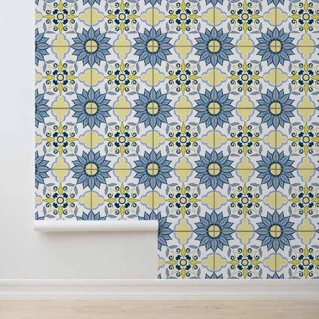 Blue & Yellow Delft Floral Tile Pattern Wallpaper (Application)