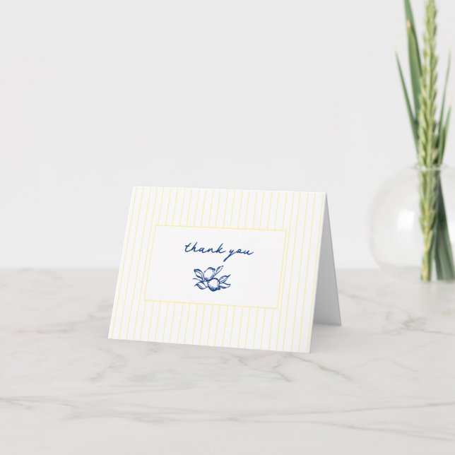 Blue & Yellow Doodle Lemons Bridal Shower Thank You Card (Front)