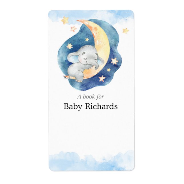 Blue yellow elephant baby shower book tag stickers (Front)