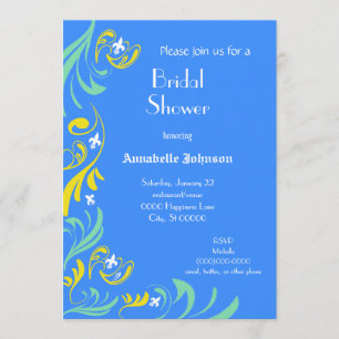 Blue Yellow Fleur de Lis Vine Bridal Shower Invitation