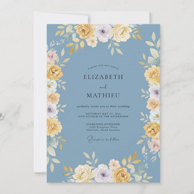 Blue Yellow Floral Arch Wedding Invitation (Front)