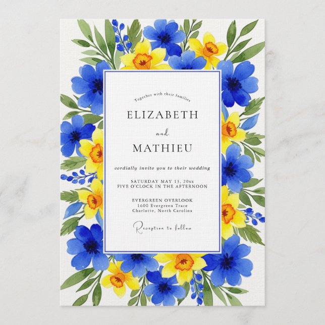 Blue Yellow Floral Bloom Wedding Invitation (Front)