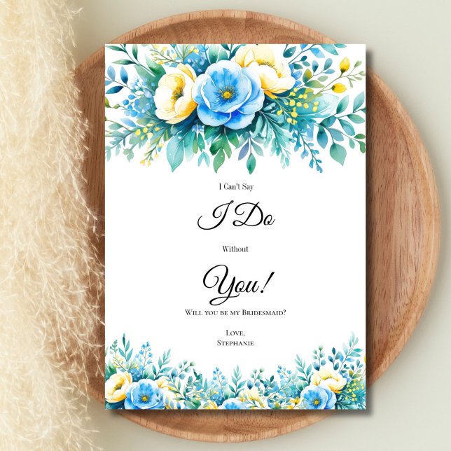 Blue Yellow Floral Bridal Party Proposal Cards (Blue yellow watercolor floral bridesmaid maid of honor Bridal Party proposal card, Printed or digita)