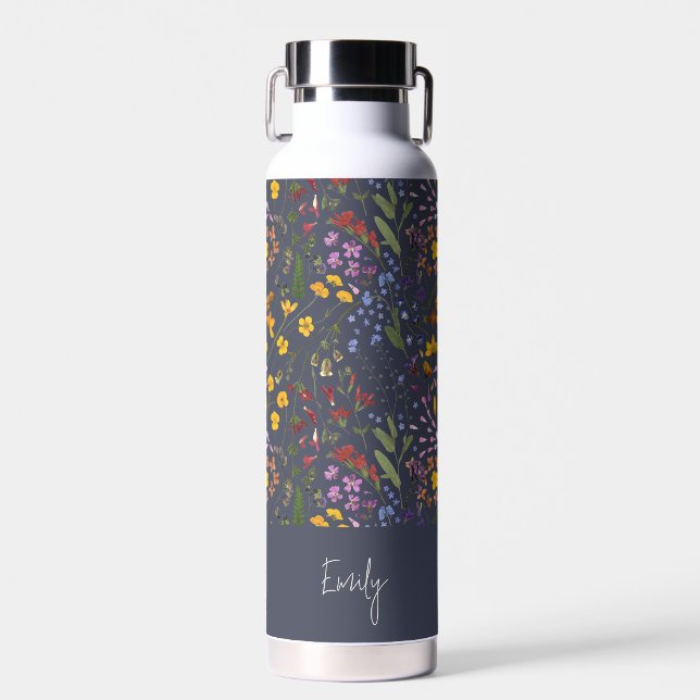 Blue yellow floral cute personalised elegant wire water bottle (Front)