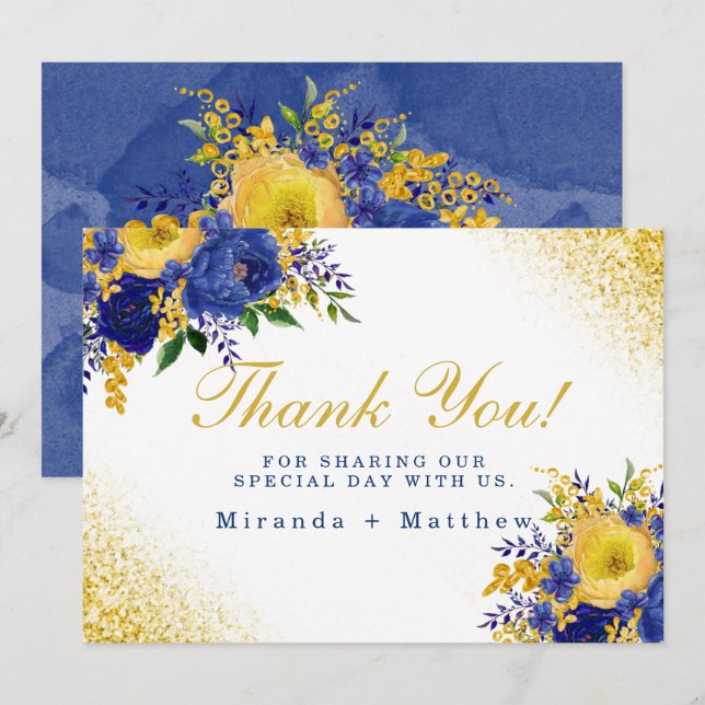 Blue Yellow Floral Gold Wedding Thank You Cards (Front/Back)
