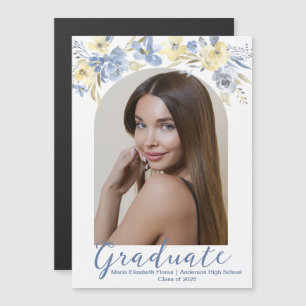 Blue Yellow Floral Graduate Photo Magnet Card