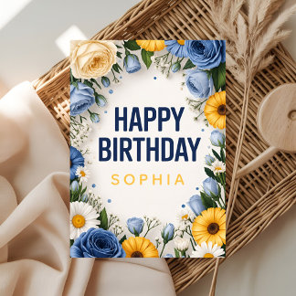 Blue & Yellow Floral Happy Birthday Card